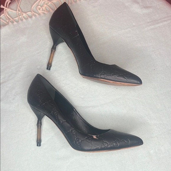 Gucci Black Guccissima Leather Women's Pump Heel Bamboo heel Size 39.5 - Picture 1 of 13